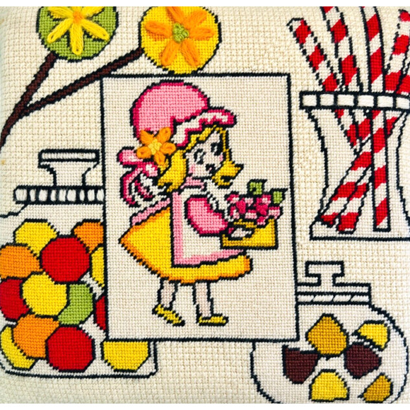 Vintage Needlepoint Throw Pillow Candy Jars Girl Tassels Sweets Kitschy 12" READ - Picture 2 of 16